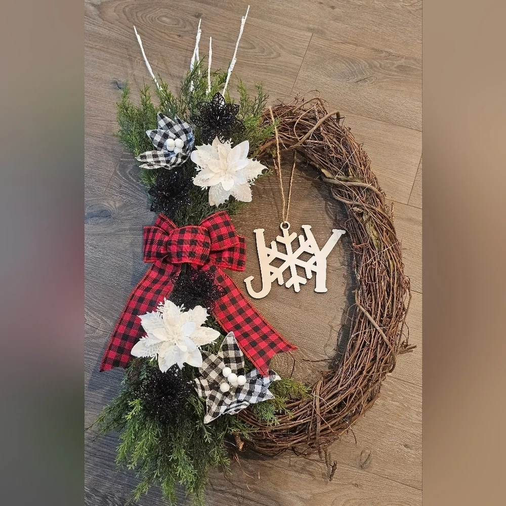 Handmade Farmhouse-style Oval Buffalo Plaid Holiday Wreath. 1 Of A Kind
